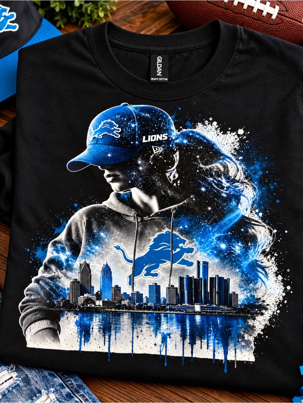 Detroit Lions Graphic Tee for Women - Black & Blue Team Design